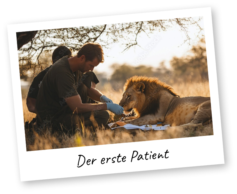 Polaroid mit zwei Tierärzten, die Löwen behandeln und Aufschrift "Der erste Patient"